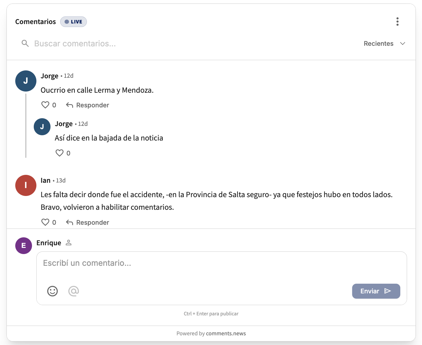 Hilo de comentarios en vivo en un medio