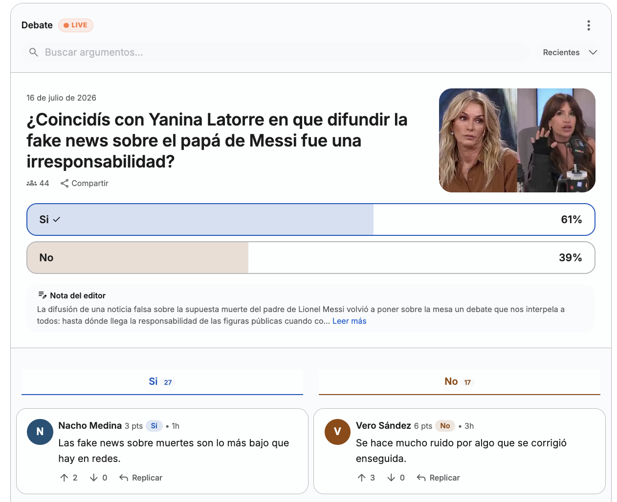 Debate estructurado en vivo, con posturas enfrentadas y votación